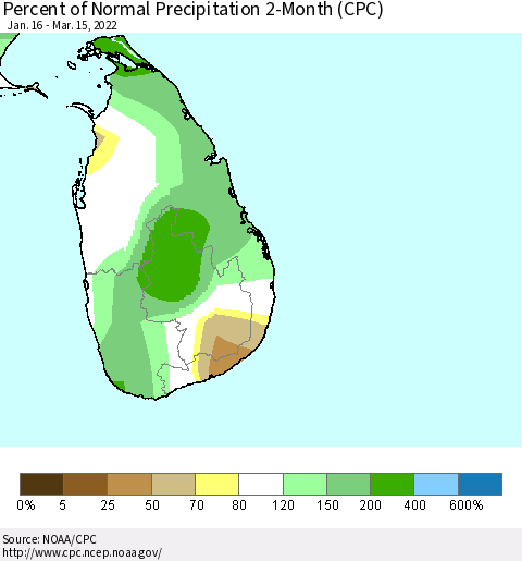 Sri Lanka Percent of Normal Precipitation 2-Month (CPC) Thematic Map For 1/16/2022 - 3/15/2022