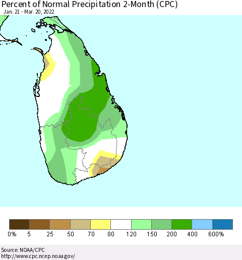 Sri Lanka Percent of Normal Precipitation 2-Month (CPC) Thematic Map For 1/21/2022 - 3/20/2022
