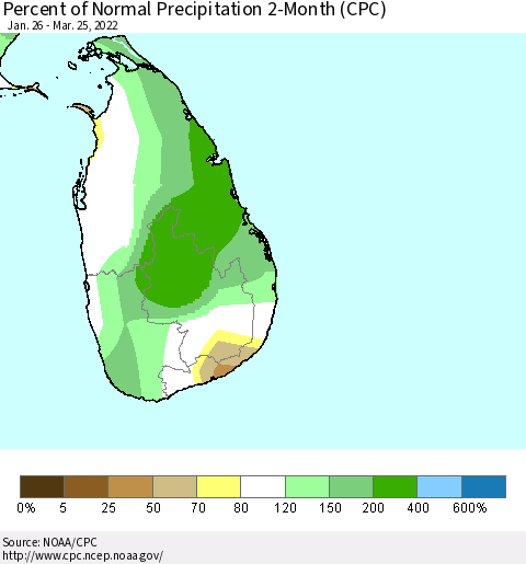 Sri Lanka Percent of Normal Precipitation 2-Month (CPC) Thematic Map For 1/26/2022 - 3/25/2022
