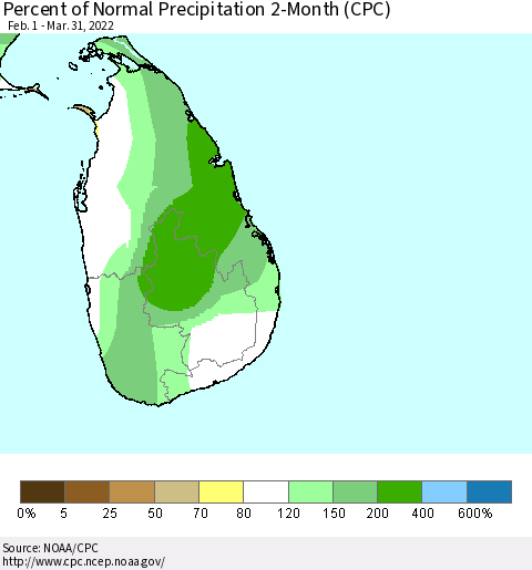 Sri Lanka Percent of Normal Precipitation 2-Month (CPC) Thematic Map For 2/1/2022 - 3/31/2022