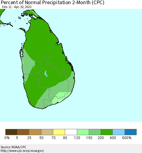 Sri Lanka Percent of Normal Precipitation 2-Month (CPC) Thematic Map For 2/11/2022 - 4/10/2022