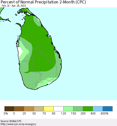 Sri Lanka Percent of Normal Precipitation 2-Month (CPC) Thematic Map For 2/21/2022 - 4/20/2022
