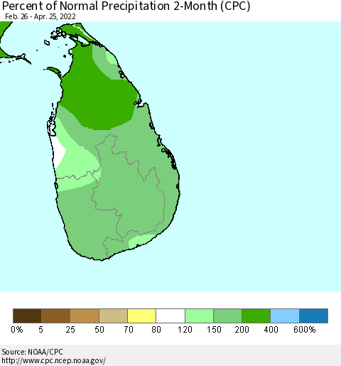 Sri Lanka Percent of Normal Precipitation 2-Month (CPC) Thematic Map For 2/26/2022 - 4/25/2022