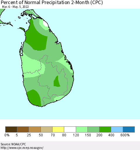 Sri Lanka Percent of Normal Precipitation 2-Month (CPC) Thematic Map For 3/6/2022 - 5/5/2022