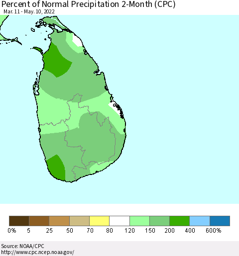 Sri Lanka Percent of Normal Precipitation 2-Month (CPC) Thematic Map For 3/11/2022 - 5/10/2022