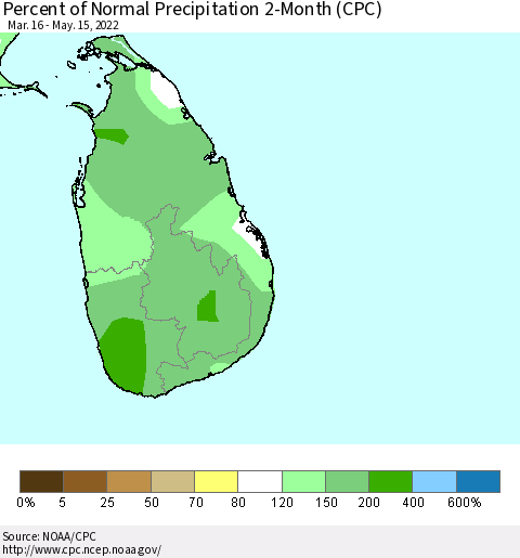 Sri Lanka Percent of Normal Precipitation 2-Month (CPC) Thematic Map For 3/16/2022 - 5/15/2022