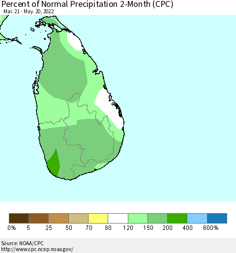 Sri Lanka Percent of Normal Precipitation 2-Month (CPC) Thematic Map For 3/21/2022 - 5/20/2022