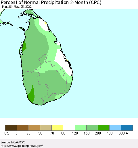 Sri Lanka Percent of Normal Precipitation 2-Month (CPC) Thematic Map For 3/26/2022 - 5/25/2022
