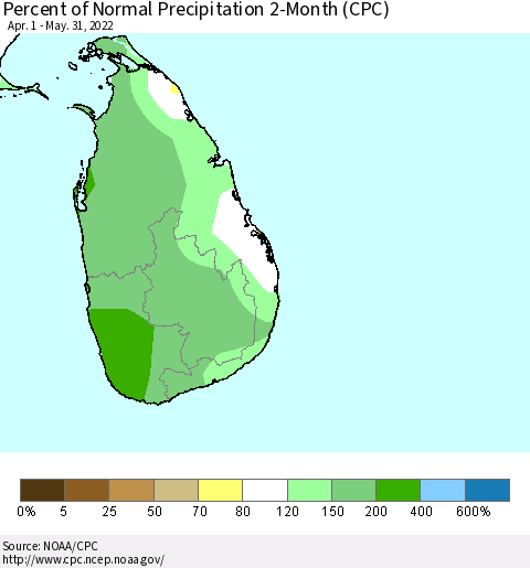 Sri Lanka Percent of Normal Precipitation 2-Month (CPC) Thematic Map For 4/1/2022 - 5/31/2022