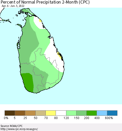 Sri Lanka Percent of Normal Precipitation 2-Month (CPC) Thematic Map For 4/6/2022 - 6/5/2022