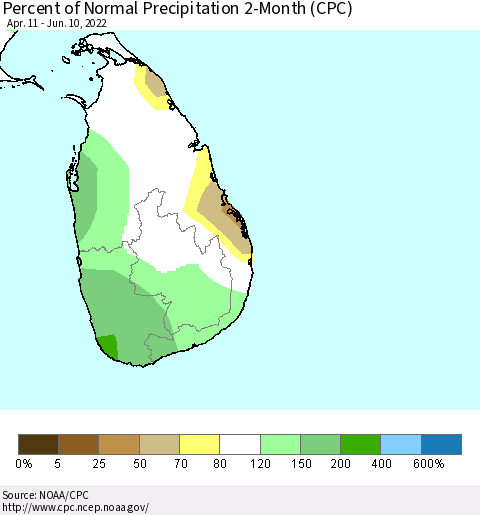 Sri Lanka Percent of Normal Precipitation 2-Month (CPC) Thematic Map For 4/11/2022 - 6/10/2022
