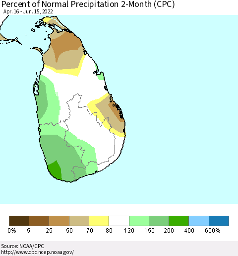 Sri Lanka Percent of Normal Precipitation 2-Month (CPC) Thematic Map For 4/16/2022 - 6/15/2022