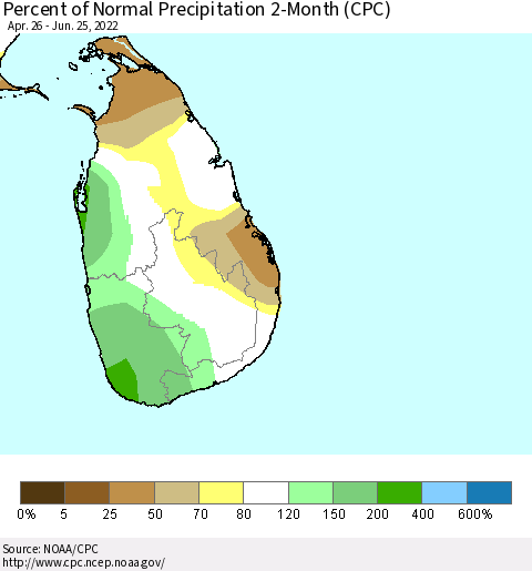 Sri Lanka Percent of Normal Precipitation 2-Month (CPC) Thematic Map For 4/26/2022 - 6/25/2022