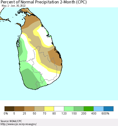 Sri Lanka Percent of Normal Precipitation 2-Month (CPC) Thematic Map For 5/1/2022 - 6/30/2022