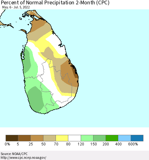 Sri Lanka Percent of Normal Precipitation 2-Month (CPC) Thematic Map For 5/6/2022 - 7/5/2022