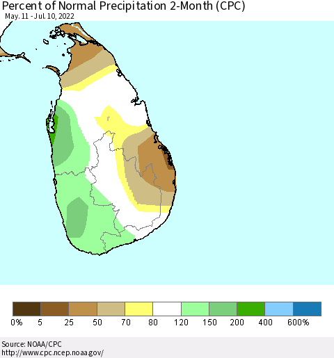 Sri Lanka Percent of Normal Precipitation 2-Month (CPC) Thematic Map For 5/11/2022 - 7/10/2022