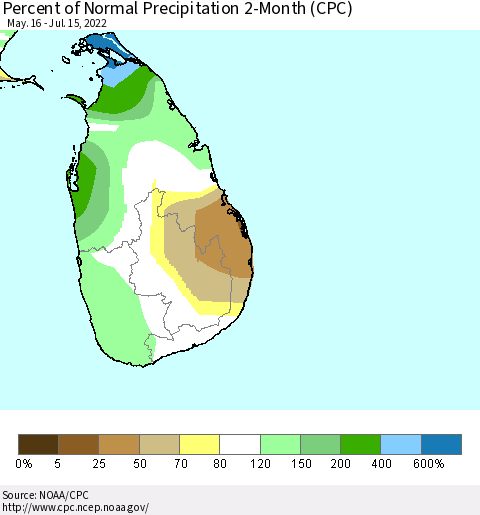 Sri Lanka Percent of Normal Precipitation 2-Month (CPC) Thematic Map For 5/16/2022 - 7/15/2022