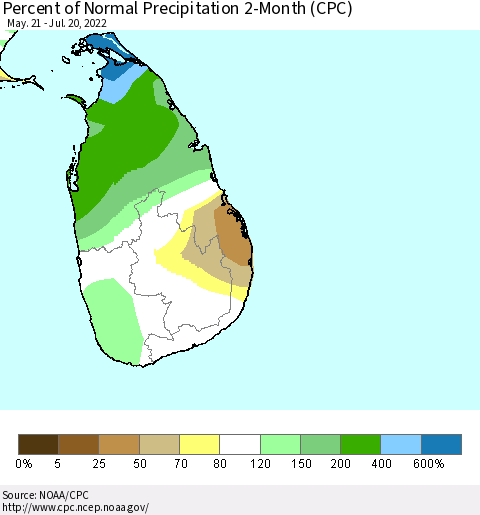Sri Lanka Percent of Normal Precipitation 2-Month (CPC) Thematic Map For 5/21/2022 - 7/20/2022
