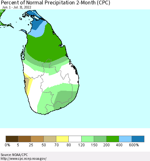 Sri Lanka Percent of Normal Precipitation 2-Month (CPC) Thematic Map For 6/1/2022 - 7/31/2022