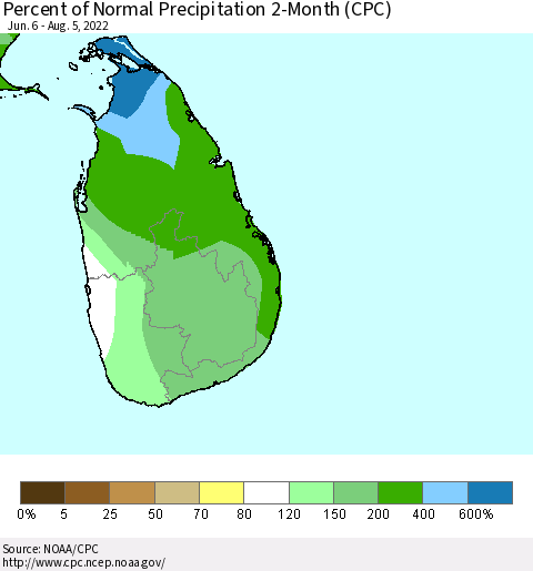 Sri Lanka Percent of Normal Precipitation 2-Month (CPC) Thematic Map For 6/6/2022 - 8/5/2022