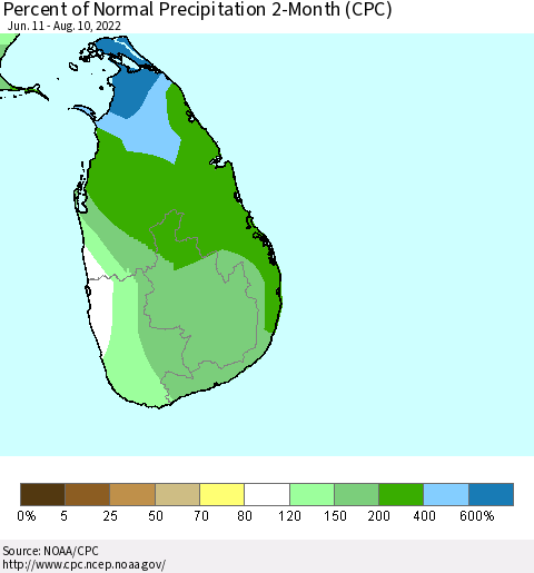 Sri Lanka Percent of Normal Precipitation 2-Month (CPC) Thematic Map For 6/11/2022 - 8/10/2022