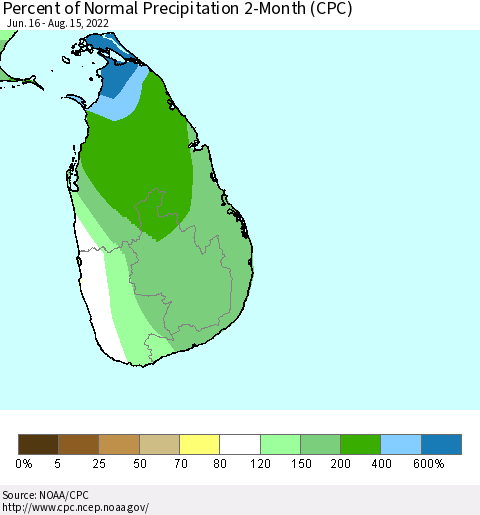 Sri Lanka Percent of Normal Precipitation 2-Month (CPC) Thematic Map For 6/16/2022 - 8/15/2022