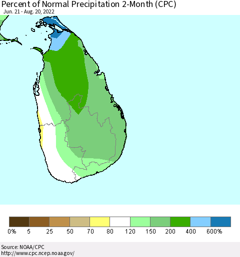Sri Lanka Percent of Normal Precipitation 2-Month (CPC) Thematic Map For 6/21/2022 - 8/20/2022