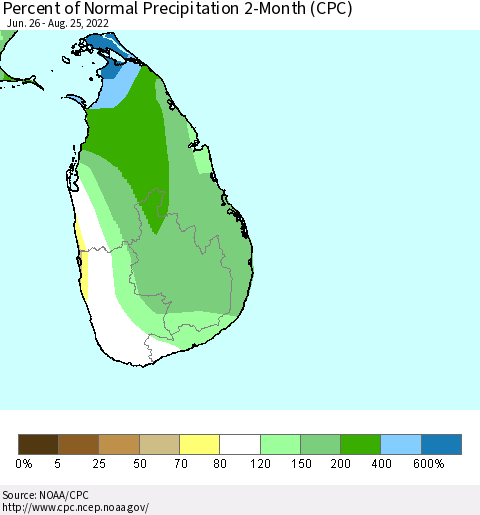 Sri Lanka Percent of Normal Precipitation 2-Month (CPC) Thematic Map For 6/26/2022 - 8/25/2022