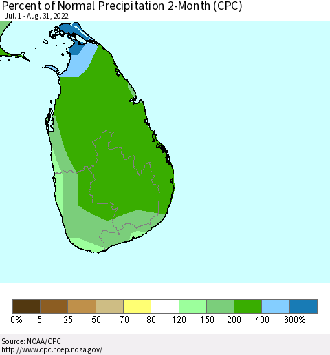 Sri Lanka Percent of Normal Precipitation 2-Month (CPC) Thematic Map For 7/1/2022 - 8/31/2022