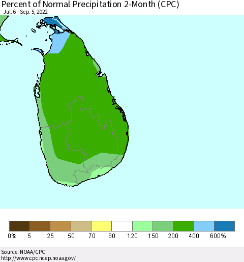 Sri Lanka Percent of Normal Precipitation 2-Month (CPC) Thematic Map For 7/6/2022 - 9/5/2022