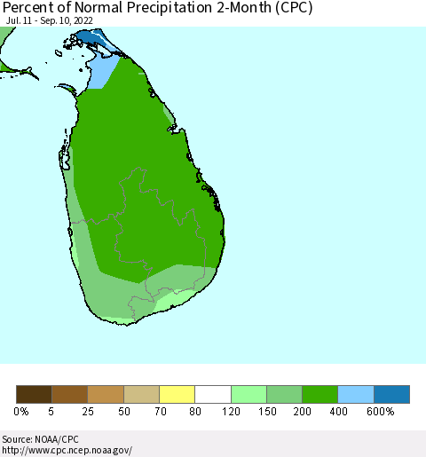 Sri Lanka Percent of Normal Precipitation 2-Month (CPC) Thematic Map For 7/11/2022 - 9/10/2022