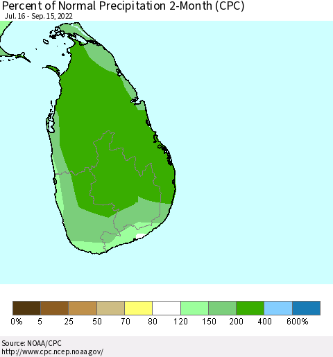 Sri Lanka Percent of Normal Precipitation 2-Month (CPC) Thematic Map For 7/16/2022 - 9/15/2022