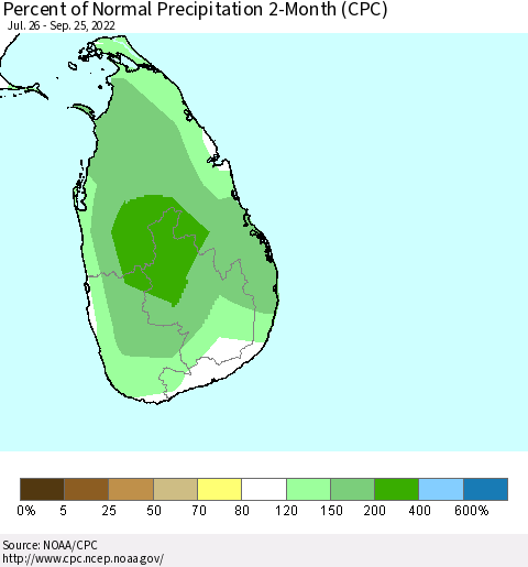 Sri Lanka Percent of Normal Precipitation 2-Month (CPC) Thematic Map For 7/26/2022 - 9/25/2022