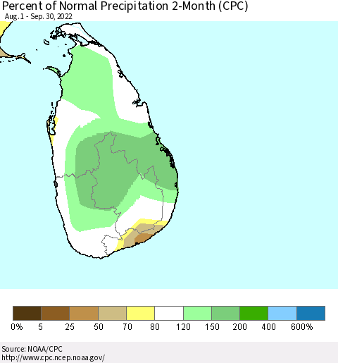Sri Lanka Percent of Normal Precipitation 2-Month (CPC) Thematic Map For 8/1/2022 - 9/30/2022