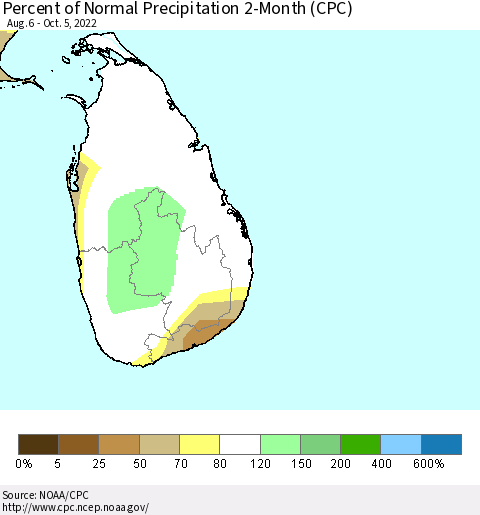 Sri Lanka Percent of Normal Precipitation 2-Month (CPC) Thematic Map For 8/6/2022 - 10/5/2022