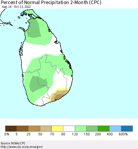Sri Lanka Percent of Normal Precipitation 2-Month (CPC) Thematic Map For 8/16/2022 - 10/15/2022