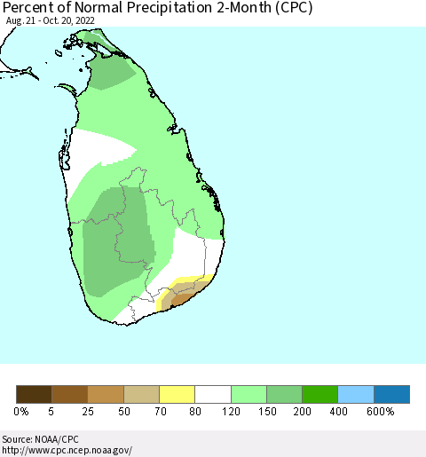 Sri Lanka Percent of Normal Precipitation 2-Month (CPC) Thematic Map For 8/21/2022 - 10/20/2022
