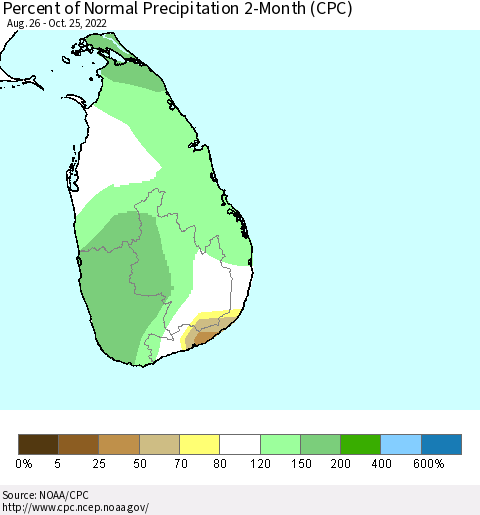 Sri Lanka Percent of Normal Precipitation 2-Month (CPC) Thematic Map For 8/26/2022 - 10/25/2022
