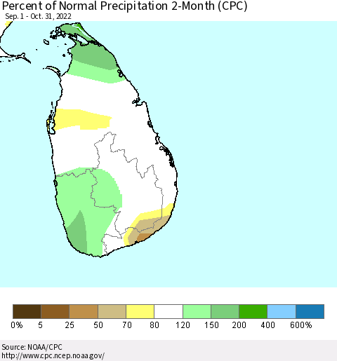 Sri Lanka Percent of Normal Precipitation 2-Month (CPC) Thematic Map For 9/1/2022 - 10/31/2022