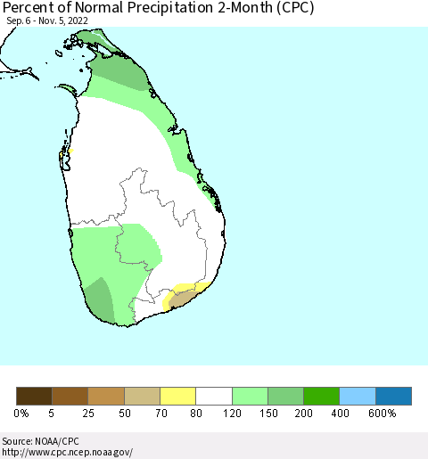 Sri Lanka Percent of Normal Precipitation 2-Month (CPC) Thematic Map For 9/6/2022 - 11/5/2022