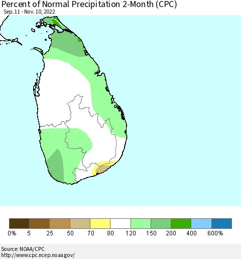 Sri Lanka Percent of Normal Precipitation 2-Month (CPC) Thematic Map For 9/11/2022 - 11/10/2022