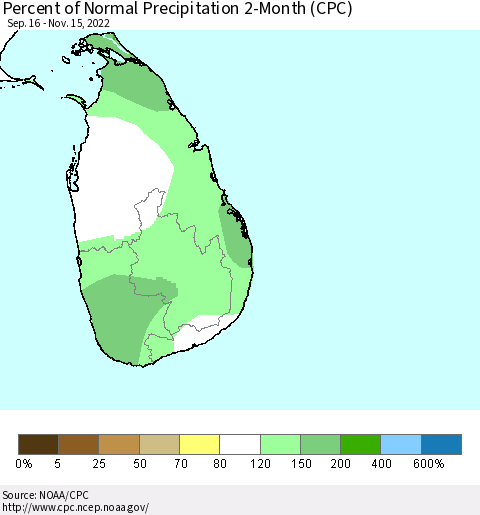 Sri Lanka Percent of Normal Precipitation 2-Month (CPC) Thematic Map For 9/16/2022 - 11/15/2022