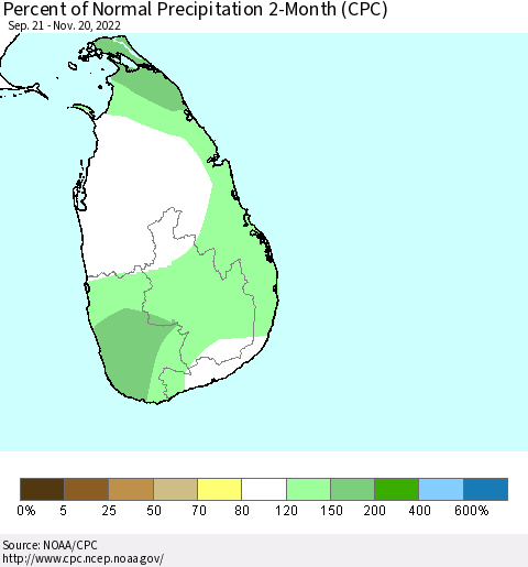 Sri Lanka Percent of Normal Precipitation 2-Month (CPC) Thematic Map For 9/21/2022 - 11/20/2022