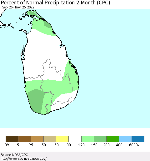 Sri Lanka Percent of Normal Precipitation 2-Month (CPC) Thematic Map For 9/26/2022 - 11/25/2022