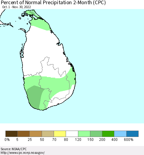 Sri Lanka Percent of Normal Precipitation 2-Month (CPC) Thematic Map For 10/1/2022 - 11/30/2022