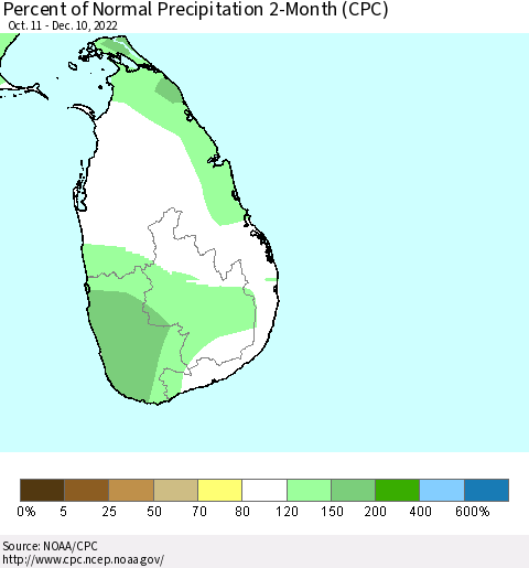 Sri Lanka Percent of Normal Precipitation 2-Month (CPC) Thematic Map For 10/11/2022 - 12/10/2022