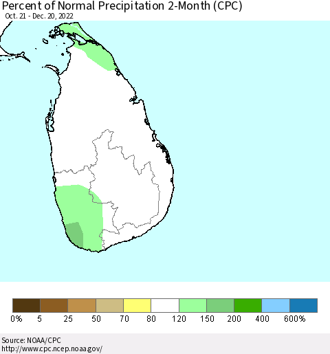Sri Lanka Percent of Normal Precipitation 2-Month (CPC) Thematic Map For 10/21/2022 - 12/20/2022