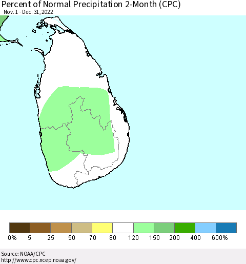 Sri Lanka Percent of Normal Precipitation 2-Month (CPC) Thematic Map For 11/1/2022 - 12/31/2022
