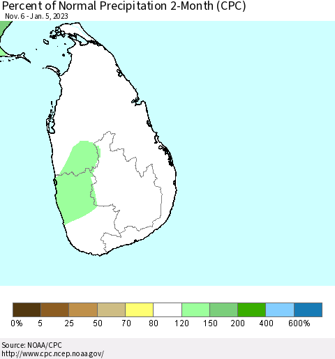 Sri Lanka Percent of Normal Precipitation 2-Month (CPC) Thematic Map For 11/6/2022 - 1/5/2023