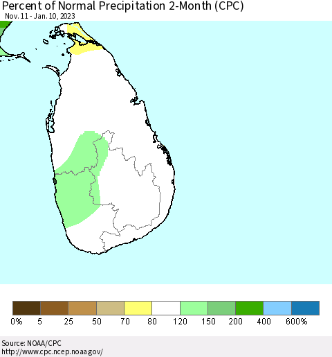 Sri Lanka Percent of Normal Precipitation 2-Month (CPC) Thematic Map For 11/11/2022 - 1/10/2023